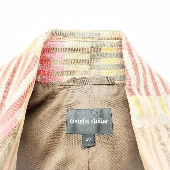 Claudia Strater Linen Motorcycle Woven Line Patterned Jacket Blazer Top Size 38 - Picture 3 of 7